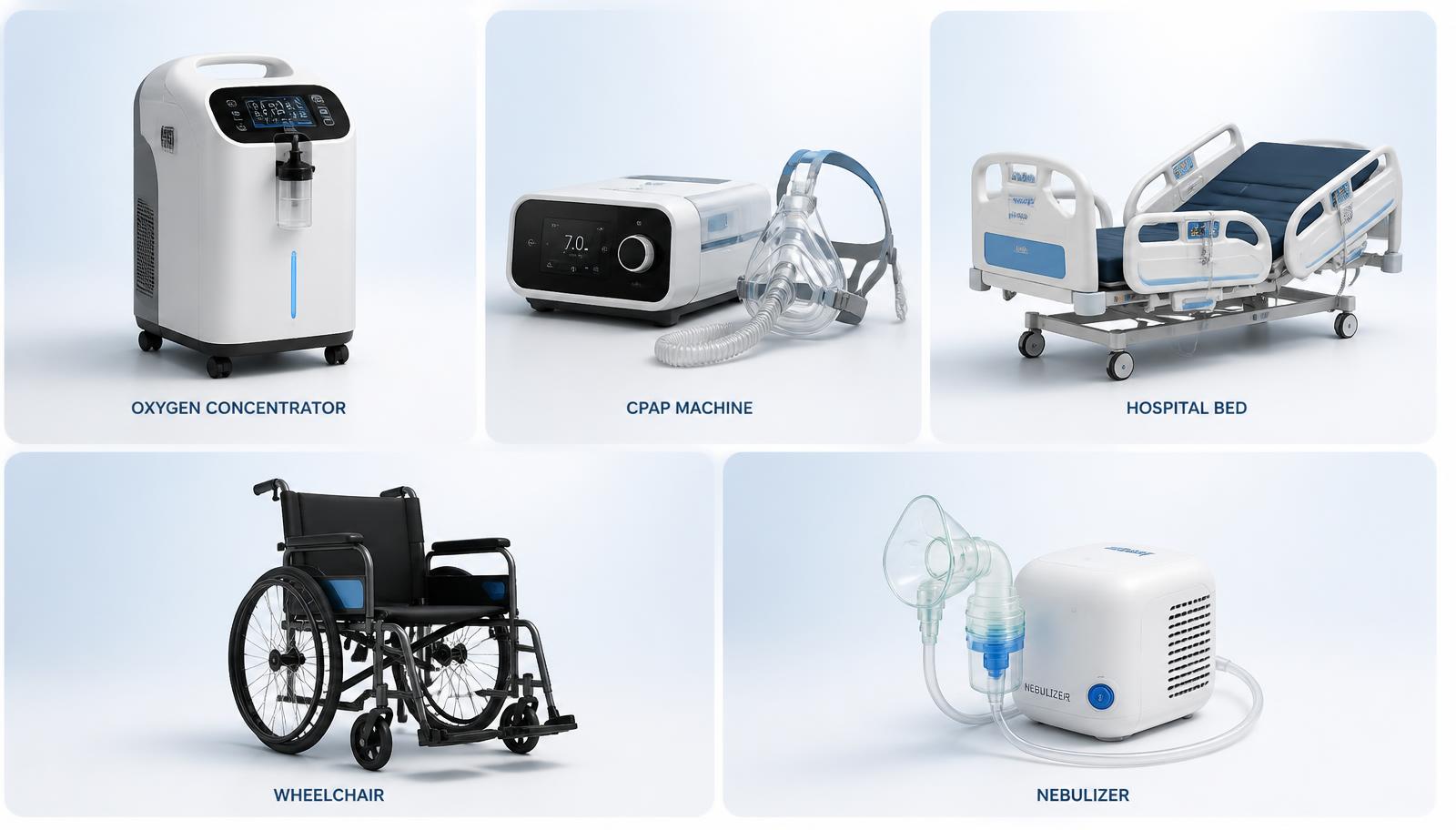 Range of VRHealthCare rental equipment including oxygen concentrator, CPAP and BiPAP machines