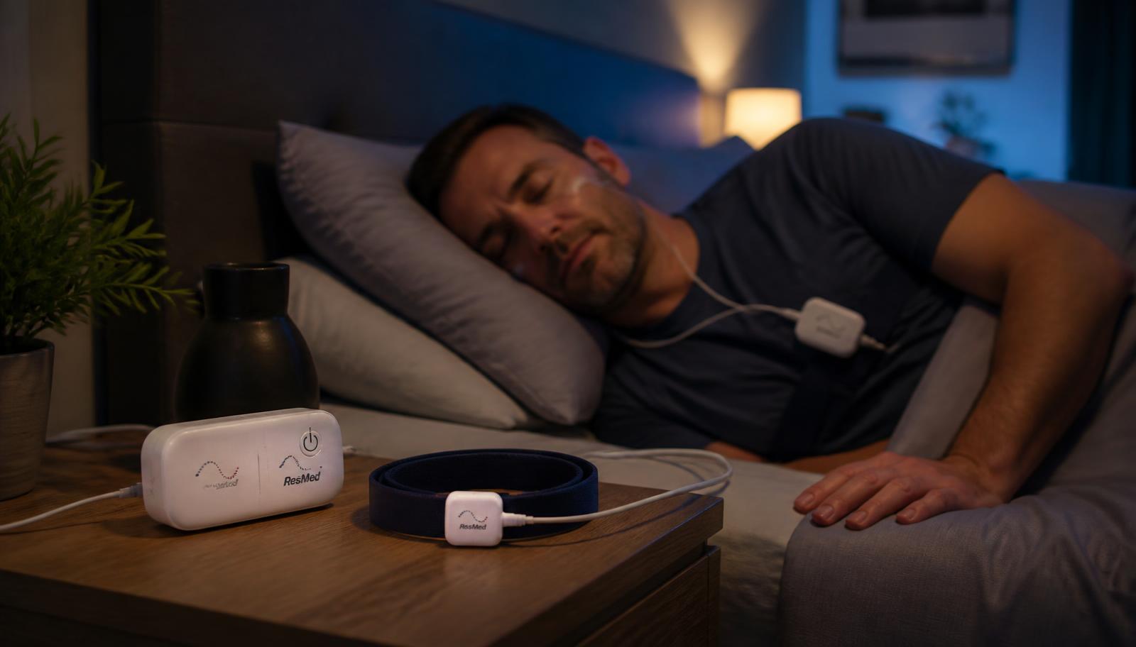 Portable home sleep study device set up beside a sleeping patient